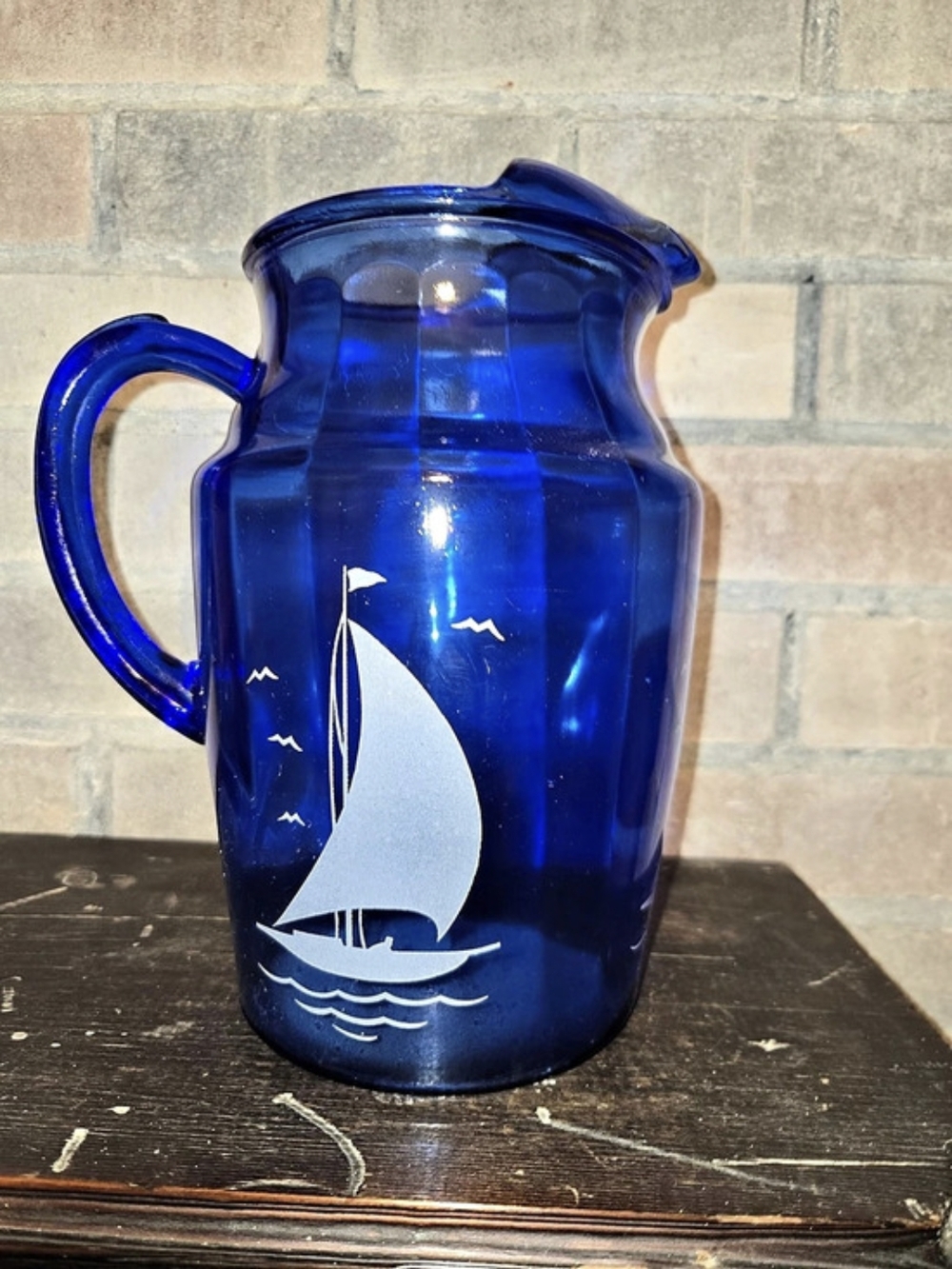 Hazel Atlas Cobalt Blue Sailboat Water Pitcher And 4 Glasses